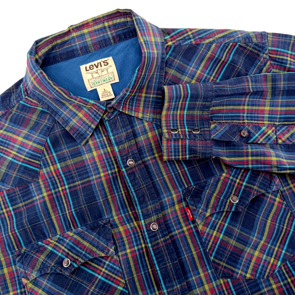 Levi's Plaid Western Shirt Mens Large Blue Multi Snap Pearl Cowboy Excellent